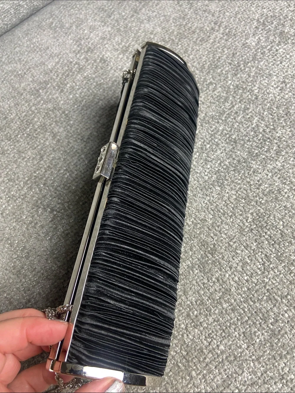 Black Pleated Satin Evening Clutch with Chain Strap